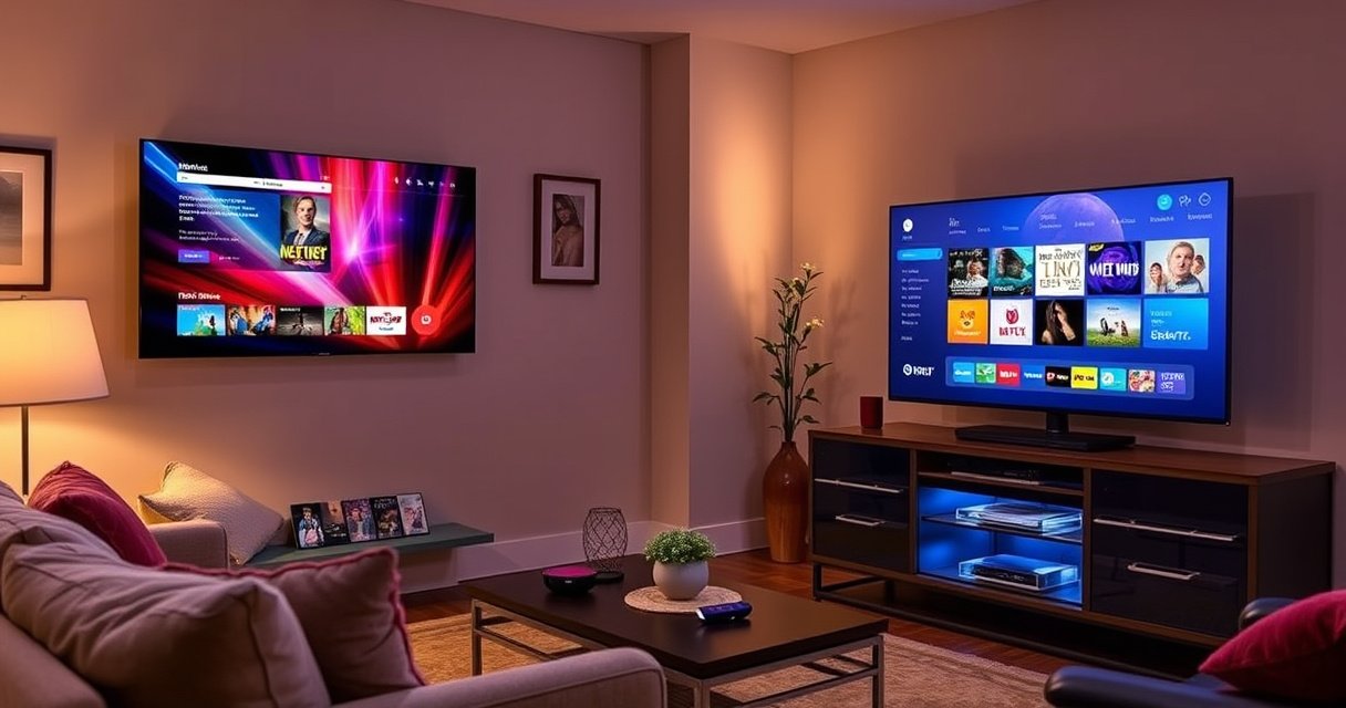 A cozy living room scene with a sleek Smart TV mounted on the wall displaying vibrant streaming content, alongside a stylish Roku TV on a modern entertainment center, both surrounded by plush furniture, warm lighting, and colorful decor, inviting viewers to explore the evolution of television technology and streaming experiences.