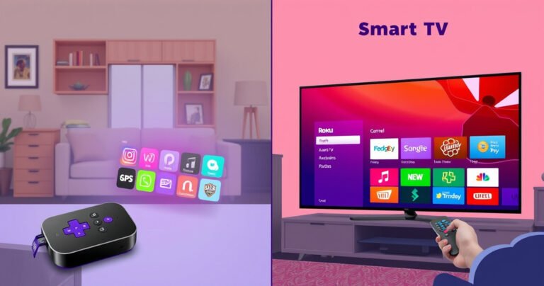 A split-screen illustration featuring a sleek Roku streaming device on one side, glowing with vibrant app icons, and a modern Smart TV on the other, displaying a colorful interface. Background elements include cozy living room settings, contrasting remote controls, and visual cues of streaming services, inviting viewers to explore the tech differences.