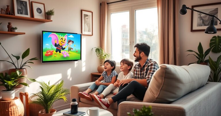 A cozy living room scene featuring a sleek, compact smart TV mounted on the wall, surrounded by stylish decor. A cheerful family sits on a plush sofa, intently watching a vibrant cartoon. Sunlight streams through a window, illuminating the small yet modern space filled with plants and contemporary furniture, emphasizing the charm of compact living.