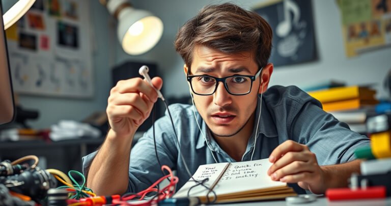 A close-up of a frustrated person sitting at a cluttered desk, tangled earphones in hand, surrounded by colorful tech gadgets. Their expression shows determination, with a bright light illuminating a notepad filled with quick fix steps. In the background, a soft-focus array of musical notes subtly dances through the air, hinting at the joy of sound.
