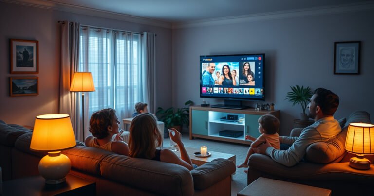 A retro living room in the late 2000s, featuring a futuristic smart TV displaying vibrant streaming content. Soft ambient lighting highlights a cozy sofa, with nostalgic decor like VHS tapes and a classic lamp. A family enjoys movie night, laughter echoing, while the TV glows, symbolizing the dawn of a new entertainment era.