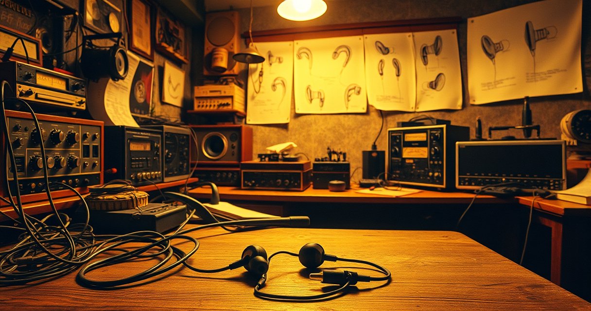 A vintage scene depicting a 1970s inventor's workshop, cluttered with early audio equipment, tangled wires, and a pair of retro earbuds resting on a wooden desk, illuminated by warm, golden light. In the background, sketches of earbud designs hang on the walls, creating an atmosphere of innovation and nostalgia.
