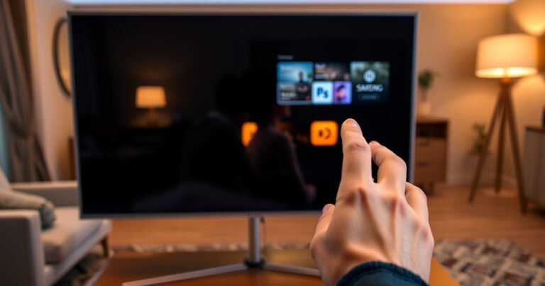 A sleek Samsung Smart TV prominently displayed in a modern living room, close-up of its hidden buttons illuminated softly. The backdrop features stylish furniture and warm ambient lighting, creating a cozy atmosphere. A user’s hand hovers near the buttons, emphasizing the search for functionality, while a digital guide appears faintly in the background.
