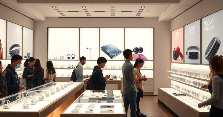 A vibrant, modern electronics store displaying a variety of Apple earphones on sleek, illuminated shelves. Shoppers of diverse backgrounds are examining the products, while glossy posters of the latest Apple releases adorn the walls. A warm, inviting atmosphere with soft lighting and a stylish layout, creating an appealing scene for tech enthusiasts.