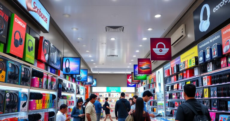 A bustling electronics store filled with colorful displays of earphones, customers browsing the aisles, vibrant packaging on shelves, a friendly staff member assisting a shopper, bright overhead lights reflecting off sleek surfaces, with nearby signs highlighting special offers and popular brands, creating an inviting atmosphere for tech enthusiasts and casual buyers alike.