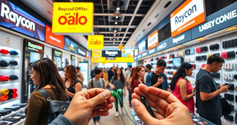 A vibrant, modern shopping scene featuring diverse people exploring a bustling electronics store, surrounded by displays of colorful Raycon earbuds. Bright signage highlights special offers, while a sleek, futuristic design of the store captivates customers. A close-up of hands eagerly picking up the earbuds showcases their stylish design amidst a backdrop of tech gadgets.
