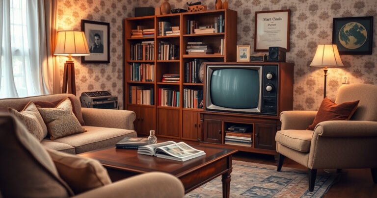 A cozy living room featuring a classic, vintage non-smart television, surrounded by retro decor like patterned wallpaper, a wooden coffee table with magazines, and soft, warm lighting. In the background, a bookshelf filled with nostalgic items and a plush armchair invite a sense of comfort and a simpler time, emphasizing the charm of traditional technology.