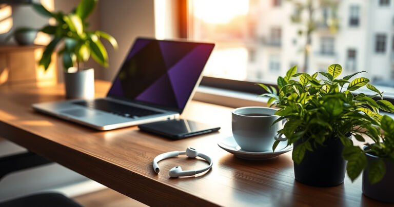 A sleek, modern workspace featuring a pair of Apple Earphones elegantly placed on a stylish wooden desk. Surrounding them are a laptop, a steaming cup of coffee, and vibrant green potted plants, all bathed in warm, natural light streaming through a nearby window, creating an inviting atmosphere for tech enthusiasts.
