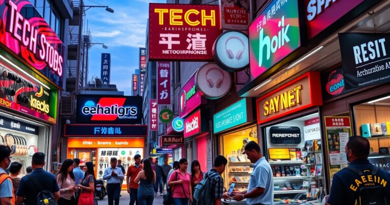 A bustling urban street scene showcasing diverse people browsing vibrant tech shops, colorful storefronts displaying earphones of various styles and brands, with eye-catching neon signs illuminating the evening sky, and a friendly shopkeeper assisting a customer while others explore nearby cafes and convenience stores filled with enticing gadgets.