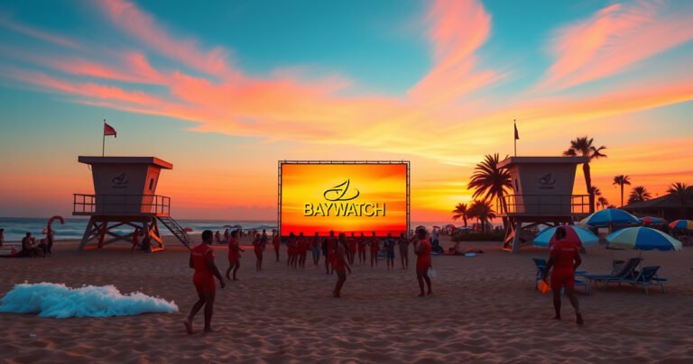 A vibrant beach scene at sunset, featuring iconic lifeguard towers, golden sands, and crashing waves. Silhouetted figures of lifeguards in red swimsuits interact with beachgoers. A large screen displays the Baywatch logo, surrounded by colorful beach umbrellas and palm trees, evoking a nostalgic summer vibe. Bright hues of orange, pink, and blue fill the sky.