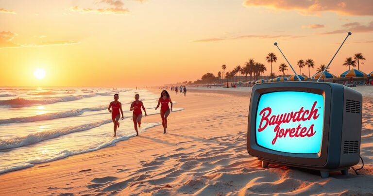 A vibrant beach scene at sunset, golden waves gently lapping at the shore, lifeguards in iconic red swimsuits playfully running along the sand, palm trees swaying, colorful beach umbrellas dotting the landscape, and a retro TV set on the sand displaying the Baywatch logo, inviting viewers to dive into nostalgia and entertainment.