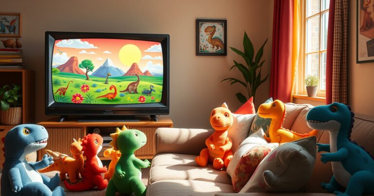 A lively living room filled with colorful dinosaur plush toys and a retro TV set displaying a vibrant scene from a prehistoric landscape, complete with friendly dinosaurs roaming under a bright, cartoonish sky. Sunlight streams in through a window, illuminating a cozy couch adorned with dinosaur-themed cushions, inviting viewers to join the fun of watching dinosaur adventures.