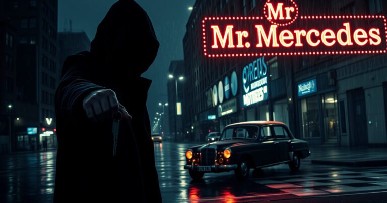 A dark, moody cityscape at night, illuminated by neon signs flickering with the title "Mr. Mercedes." A shadowy figure lurks in the foreground, holding a vintage car key, with a mysterious old sedan parked nearby, rain glistening on the pavement, creating an atmosphere of suspense and intrigue, perfect for a crime thriller.