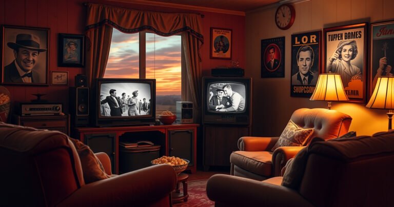 A cozy living room with a vintage television set playing classic black-and-white shows, surrounded by nostalgic memorabilia like popcorn bowls, retro posters, and plush armchairs. Soft, warm lighting casts a welcoming glow, while a window reveals a sunset sky, evoking a sense of comfort and reminiscence. An inviting atmosphere invites viewers to enjoy timeless entertainment.