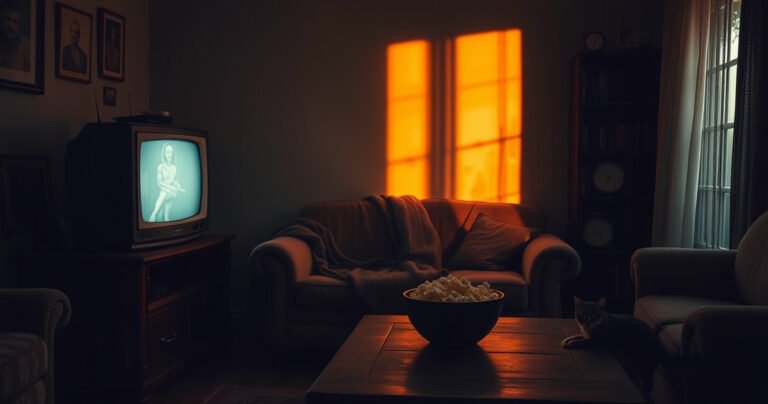 A dimly lit living room with a vintage television glowing softly, reflecting warm hues on the walls. An inviting, worn-out couch with a cozy blanket draped over it, and a bowl of popcorn sits on a rustic coffee table. Shadows dance around as a cat lounges nearby, all evoking a sense of nostalgia and comfort.