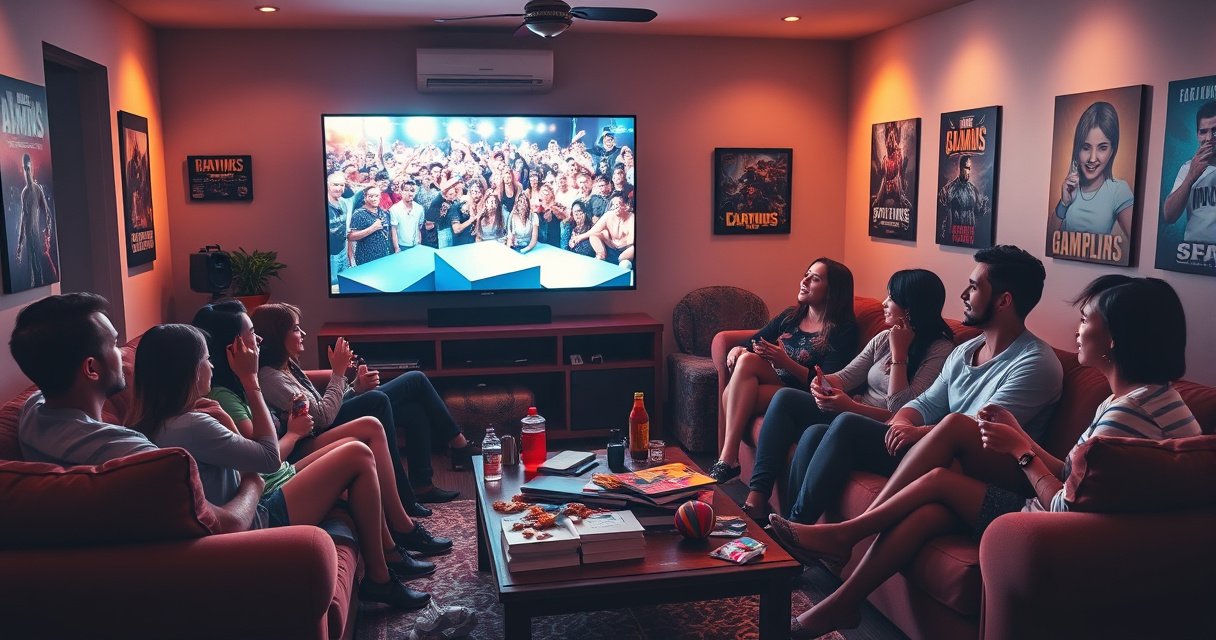 A cozy living room bathed in warm light, with a large flat-screen TV displaying a thrilling scene from a game show. Plush sofas are filled with excited viewers holding snacks and drinks, colorful posters of games on the walls, and a coffee table cluttered with game-themed merchandise, creating an inviting atmosphere for entertainment.