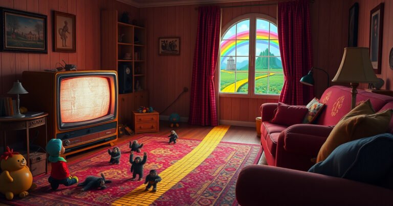 A whimsical scene depicting a vintage television set in a cozy living room, glowing with the vibrant colors of the Wizard of Oz. Scattered around are toys resembling flying monkeys and a yellow brick road winding through the room, while a rainbow arcs outside the window, inviting viewers into a magical world.