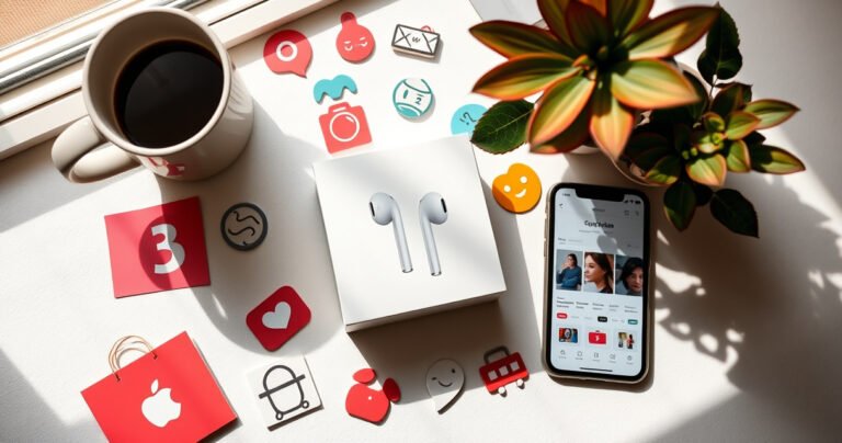 A stylish flat lay of a sleek Apple Earphones box surrounded by popular online shopping icons, a cozy coffee cup, and a vibrant plant. Soft natural light filters through a nearby window, casting gentle shadows, while a smartphone displays a shopping app. The scene conveys a sense of relaxed online shopping bliss.