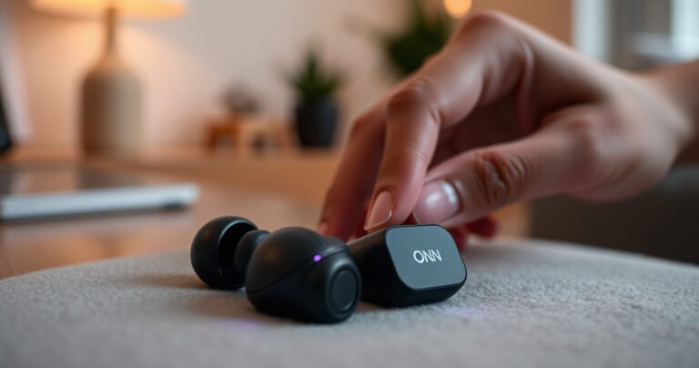 A close-up of sleek ONN wireless earbuds resting on a soft, velvety surface, with a subtle glow emanating from the hidden power button. The background is softly blurred, showcasing a cozy, modern workspace with warm lighting, while a hand reaches in to discover the button, creating a sense of curiosity and exploration.