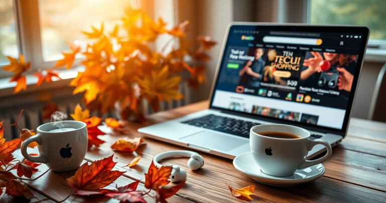 A sleek pair of Apple earphones resting on a stylish wooden table, surrounded by vibrant autumn leaves, a steaming cup of coffee, and an open laptop displaying tech shopping websites, illuminated by soft, warm sunlight streaming through a nearby window, creating an inviting atmosphere that evokes the excitement of online shopping for tech accessories.
