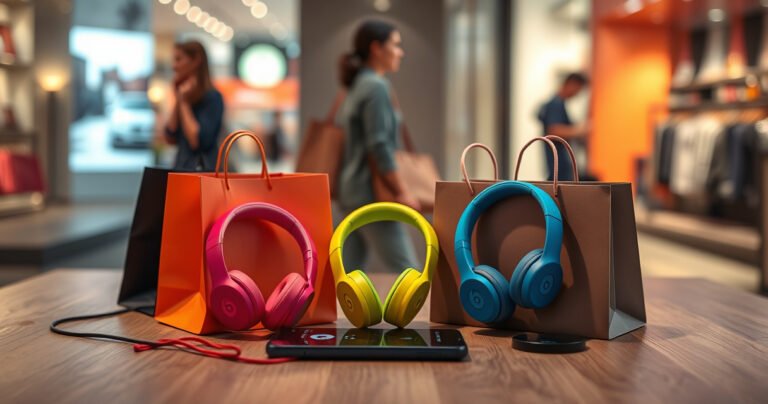 A sleek, modern display of vibrant Beats earphones in various colors, elegantly arranged on a minimalist wooden table. Surrounding them are stylish shopping bags and a smartphone playing music, with soft, ambient lighting creating a warm atmosphere. In the background, blurred silhouettes of a trendy urban shopping environment, suggesting a chic shopping experience.