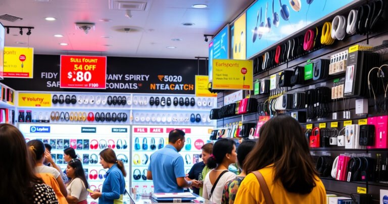 A bustling electronic store with vibrant displays of earphones, customers eagerly browsing the latest models. Bright signage highlights discounts, while a knowledgeable staff member assists a shopper. A colorful array of earphones hangs on a wall, showcasing various styles and brands, with a warm, inviting atmosphere that encourages exploration and discovery.