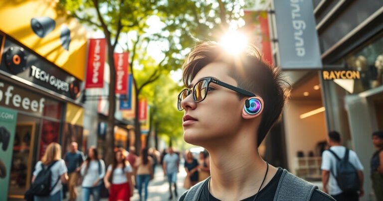 An inviting urban scene showcasing a stylish young person wearing vibrant Raycon earbuds, surrounded by colorful storefronts and bustling shoppers. Bright banners advertise tech gadgets, while a sleek coffee shop and a trendy boutique add to the lively atmosphere. Sunlight filters through trees, creating a warm, energetic vibe that highlights modern consumer culture.
