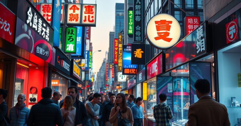A bustling city street scene at dusk, showcasing a variety of colorful electronic shops with glowing neon signs. People are browsing outside, examining stylish earphones displayed in the windows. The atmosphere is lively, with a hint of excitement and urgency as shoppers explore their options, reflecting the quest for the perfect sound experience.