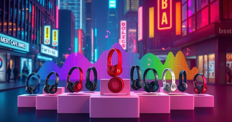 A vibrant collage of various Beats earphones, each model displayed on a sleek pedestal, surrounded by colorful sound waves and musical notes. The background is a dynamic urban landscape, illuminated by neon lights, creating an energetic atmosphere that reflects different listening styles, from casual to professional.