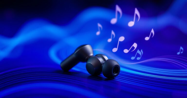A close-up of sleek, modern earbuds resting on a vibrant soundwave background, pulsating with deep blues and rich purples. A subtle glow emanates from the earbuds, symbolizing powerful bass, while musical notes and waves swirl around them, creating an energetic, dynamic atmosphere that captures the essence of immersive sound quality.
