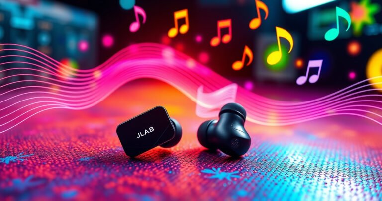 A close-up of a sleek pair of JLab earbuds resting on a vibrant, textured surface, surrounded by vibrant sound waves and musical notes in the air, showcasing innovation and sound quality. The background is a blend of modern technology and colorful music elements, capturing the essence of audio excellence and modern lifestyle.