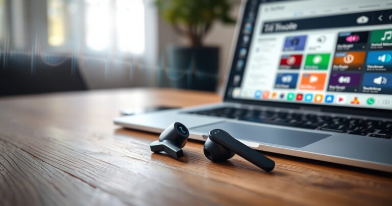 A close-up of sleek, modern Bluetooth earbuds resting on a wooden table, surrounded by soundwave visualizations and faint musical notes. Soft, diffused light casts gentle shadows, highlighting the earbuds’ design. Nearby, an open laptop displays a troubleshooting guide, with colorful icons representing sound settings, making the scene both inviting and tech-savvy.