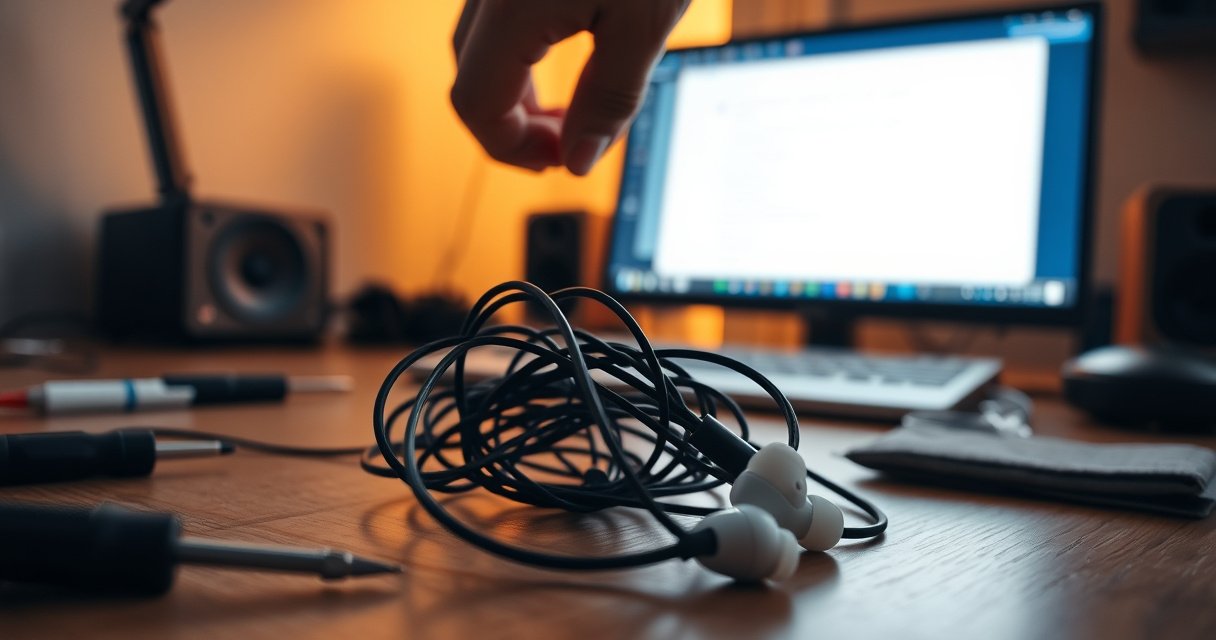 A close-up of a tangled pair of earbuds resting on a wooden desk, surrounded by scattered tools like a tiny screwdriver and cleaning cloth, with a frustrated hand reaching for them. In the background, a faint silhouette of a computer screen displaying troubleshooting tips, all bathed in warm, inviting light.