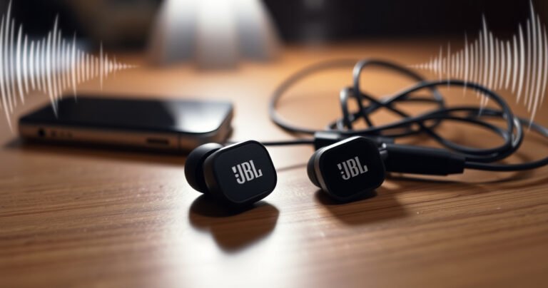 An intricate close-up of a pair of sleek JBL earbuds resting on a wooden table, surrounded by faint sound waves emanating softly, with a light glow highlighting the earbuds. In the background, subtle hints of a smartphone and a tangled earphone cable suggest a user’s struggle with sound issues, evoking curiosity and intrigue.