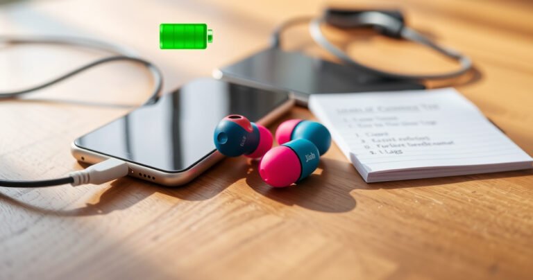 A close-up of a pair of vibrant JLab earbuds resting on a wooden table, surrounded by charging cables and a smartphone, with a glowing battery icon above indicating low charge. Soft natural light filters in, casting gentle shadows, while a notepad with troubleshooting tips sits nearby, creating a sense of urgency and problem-solving.