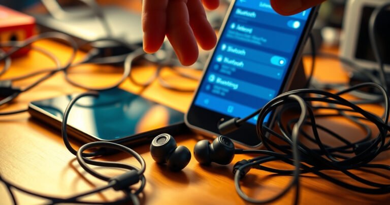 A close-up view of JLab earbuds on a vibrant, cluttered desk surrounded by tangled wires and a smartphone displaying a Bluetooth settings screen. The earbuds glow softly in a warm light, with a frustrated hand reaching toward them, conveying a sense of confusion and determination in a modern, tech-savvy environment.