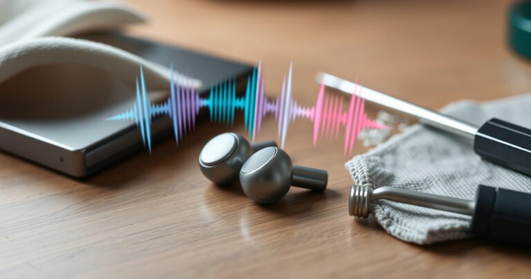 A close-up of a pair of sleek Samsung earbuds resting on a wooden table, surrounded by sound waves visually emanating from them. Soft, muted colors contrast with vibrant sound wave graphics, illustrating a struggle between silence and sound. Tools like a small screwdriver and cleaning cloth are nearby, hinting at DIY fixes and tech exploration.