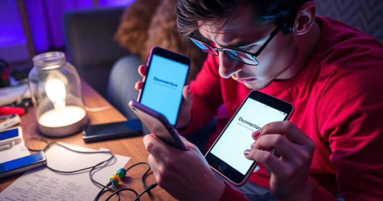 A vibrant close-up of a frustrated user sitting on a couch, surrounded by scattered tech gadgets, staring at a phone screen that shows a disconnection message. Skullcandy earbuds rest beside them, colorful and sleek, while a soft glow from a nearby lamp illuminates a messy coffee table filled with charging cables and notes on troubleshooting.