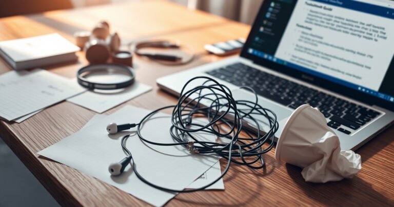 A close-up of tangled wired earbuds resting on a wooden table, surrounded by scattered troubleshooting notes, a magnifying glass, and an open laptop displaying a troubleshooting guide. Soft natural light filters in, casting gentle shadows, while a hint of frustration is depicted in a crumpled coffee cup nearby, suggesting a moment of tech struggle.