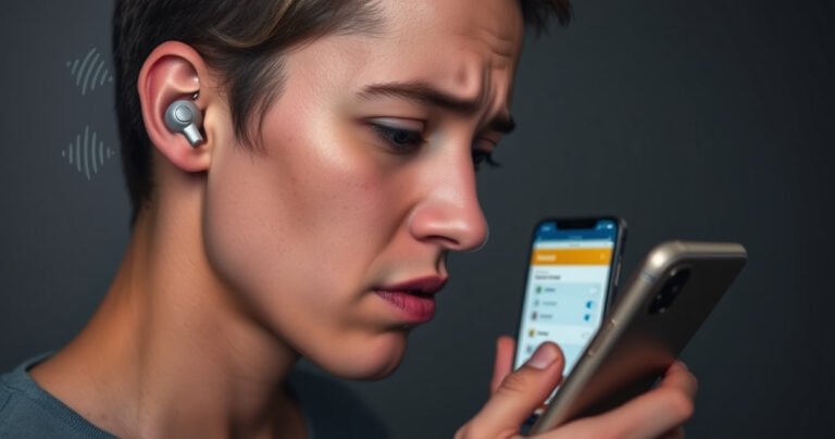 A close-up of a person wearing sleek, modern wireless earbuds, with a frustrated expression while trying to adjust the volume on their smartphone. Surrounding them are faint sound waves and soft, muted colors, symbolizing the quietness of the earbuds. In the background, subtle hints of troubleshooting tools, like a phone with an app open, add context.