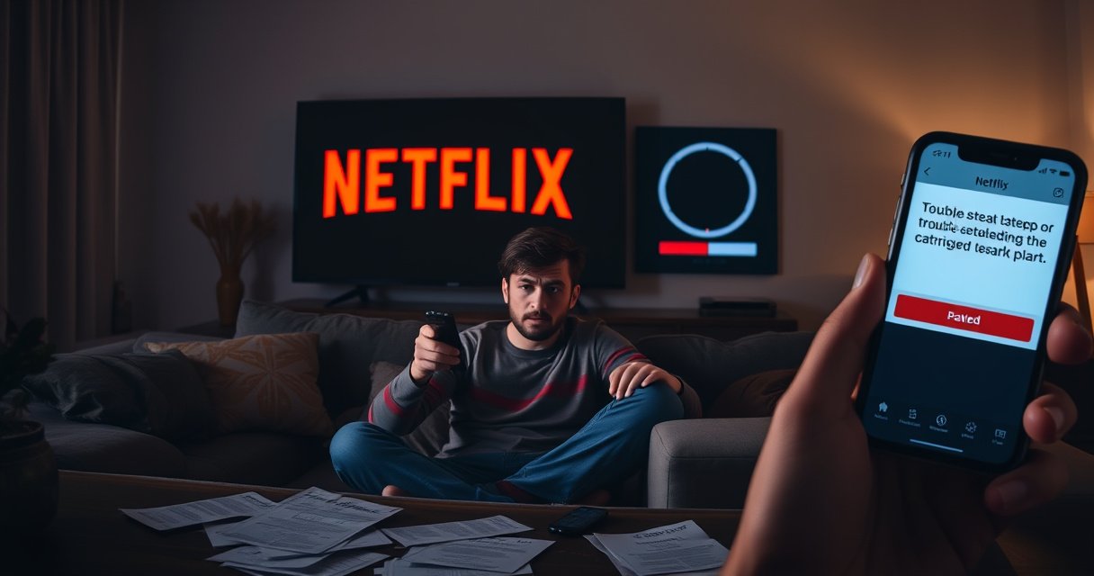 A frustrated person sitting on a couch, holding a remote control, surrounded by dimly lit living room decor. A large TV screen displays a Netflix logo with a loading symbol. Papers with troubleshooting steps are scattered nearby, and a smartphone shows a failed casting attempt, all conveying a sense of confusion and determination.