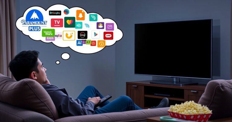 A frustrated person sitting on a cozy couch, staring at a dark Samsung TV screen, surrounded by popcorn and remote controls. A colorful array of streaming icons floats above the TV, with a Paramount Plus logo prominently displayed, while a thought bubble shows tangled wires and question marks, capturing the confusion of technology troubles.