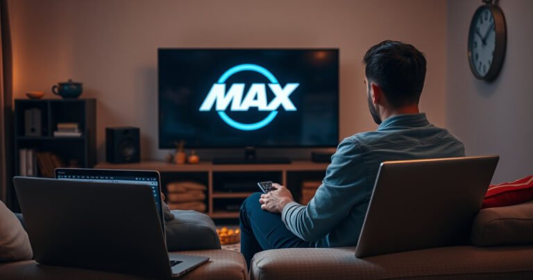 A frustrated person sitting in a cozy living room, surrounded by snacks and a remote control, staring at a dark TV screen displaying the Max logo. Soft ambient light illuminates the room, with a laptop open beside them showing a troubleshooting guide. A clock on the wall ticks quietly, emphasizing the wait.