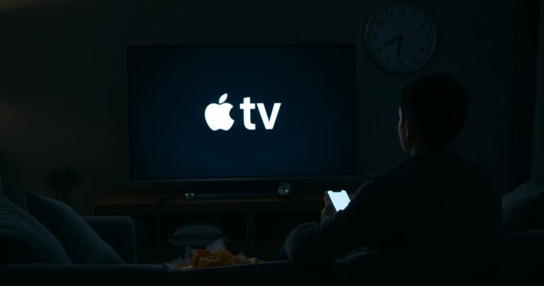 A frustrated person sitting on a cozy couch, surrounded by snacks, staring at a dark TV screen displaying the Apple TV logo. Dim ambient lighting casts shadows, while scattered remote controls and a glowing smartphone suggest troubleshooting attempts. A nearby wall clock ticks loudly, emphasizing the tension of waiting for solutions.