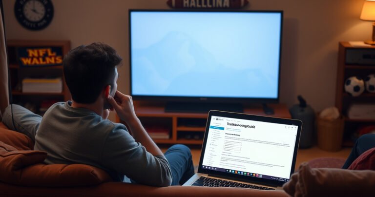 A frustrated person sitting in a cozy living room, surrounded by snacks and NFL memorabilia, staring at a blank television screen. A laptop is open nearby, displaying a troubleshooting guide. The room is dimly lit, with a football game paused on the laptop, capturing the tension and confusion of technology woes.