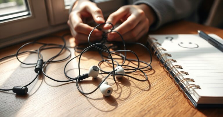 A close-up of tangled, worn-out wired earbuds lying on a wooden table, with frayed wires and a small, perplexed expression drawn on a nearby notebook. Soft natural light filters through a window, casting gentle shadows, while a pair of hands examines the earbuds, illustrating frustration and curiosity.