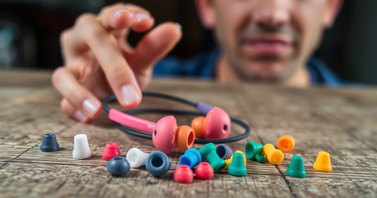 A close-up of a pair of colorful earbuds resting on a textured wooden surface, surrounded by scattered ear tips of various sizes, with a frustrated hand reaching for them. In the background, a blurred image of a person with a puzzled expression, illustrating the struggle of keeping earbuds securely in place.