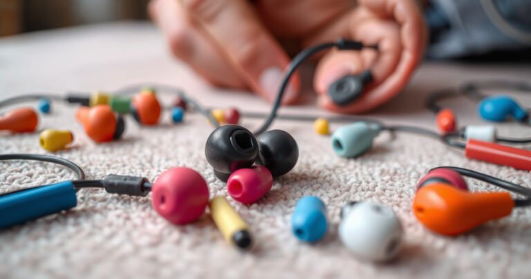 A close-up of colorful, scattered earbuds on a soft, textured surface, with one pair dangling from a messy charging cable. In the background, a blurred hand adjusts a pair of slightly too large earbuds in a person's ear, highlighting the struggle for a perfect fit, surrounded by a light, playful atmosphere.