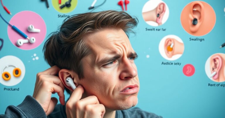 A close-up of a frustrated person adjusting their earbuds, with a pained expression. The scene is colorful and dynamic, showcasing a vibrant array of earbuds in various styles, alongside common ear-related issues illustrated in the background, like swelling and redness, blending technology and health themes in a visually engaging way.