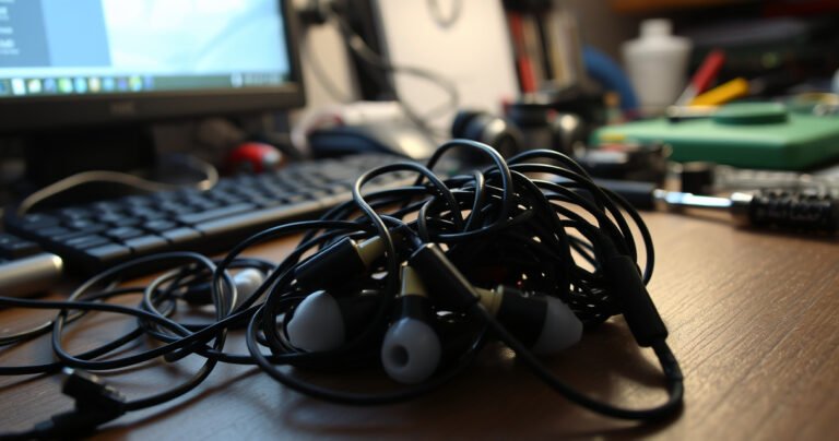 A close-up of tangled earbuds resting on a cluttered desk, surrounded by a faint glow of a computer screen. Frustrated hands gesture nearby, while faint sound waves ripple around, symbolizing connection issues. In the background, scattered tools and gadgets hint at troubleshooting, creating a sense of urgency and curiosity about the mysteries of audio technology.